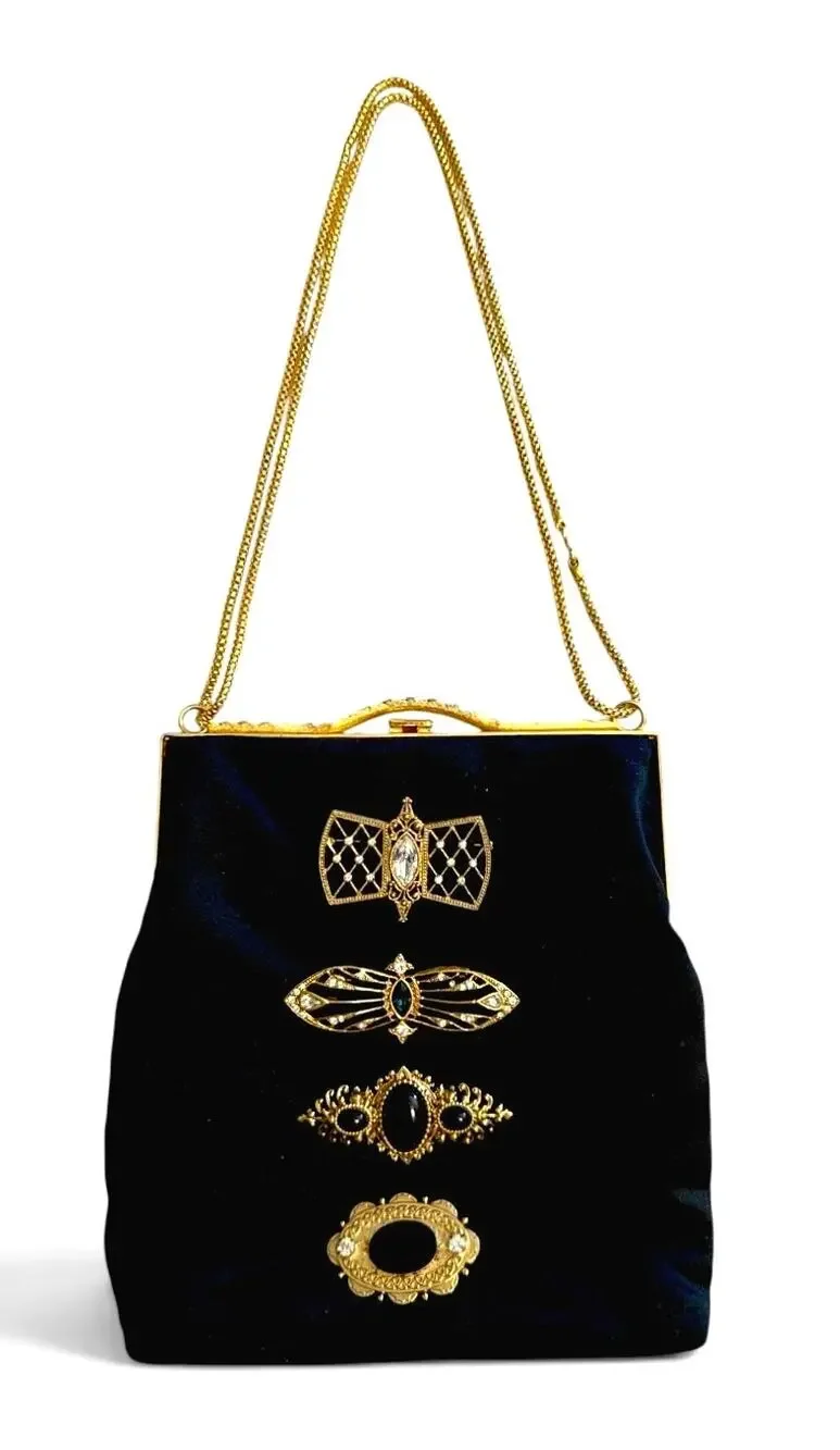 Vintage Walborg Brooch Bag 1960s Black Satin Jeweled Evening Purse OOAK